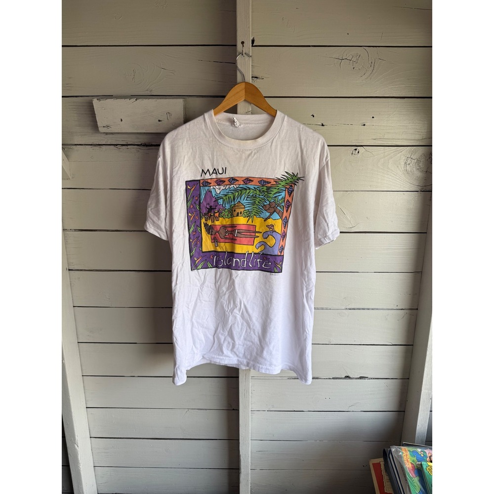 Vintage Maui Island Life Graphic T-Shirt Fabric Art White XL Surf Beach 90s Tee